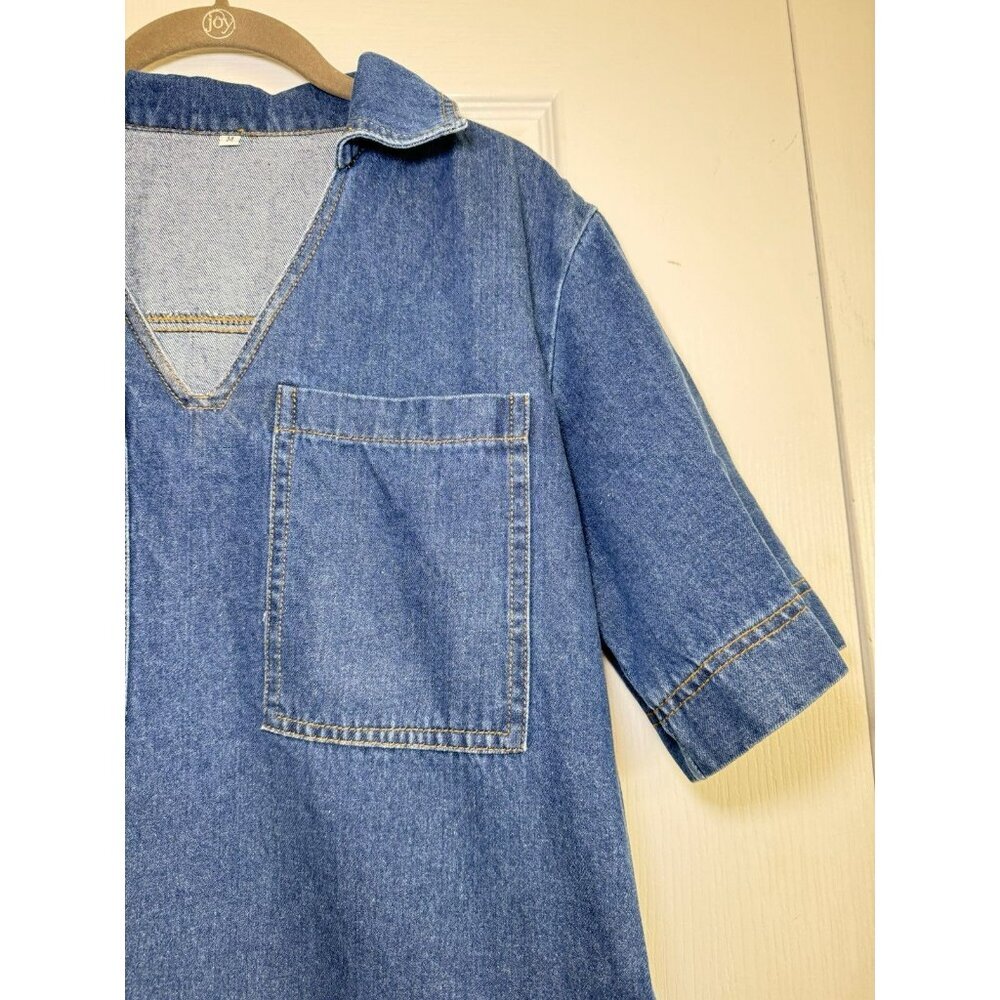 Denim Shift Dress Medium Blue Cotton Collared Pocket Casual Mini - Picture 3 of 8